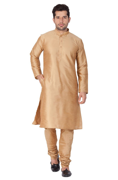 Men's Cotton Art Silk Solid Kurta and Pyjama Set in Gold