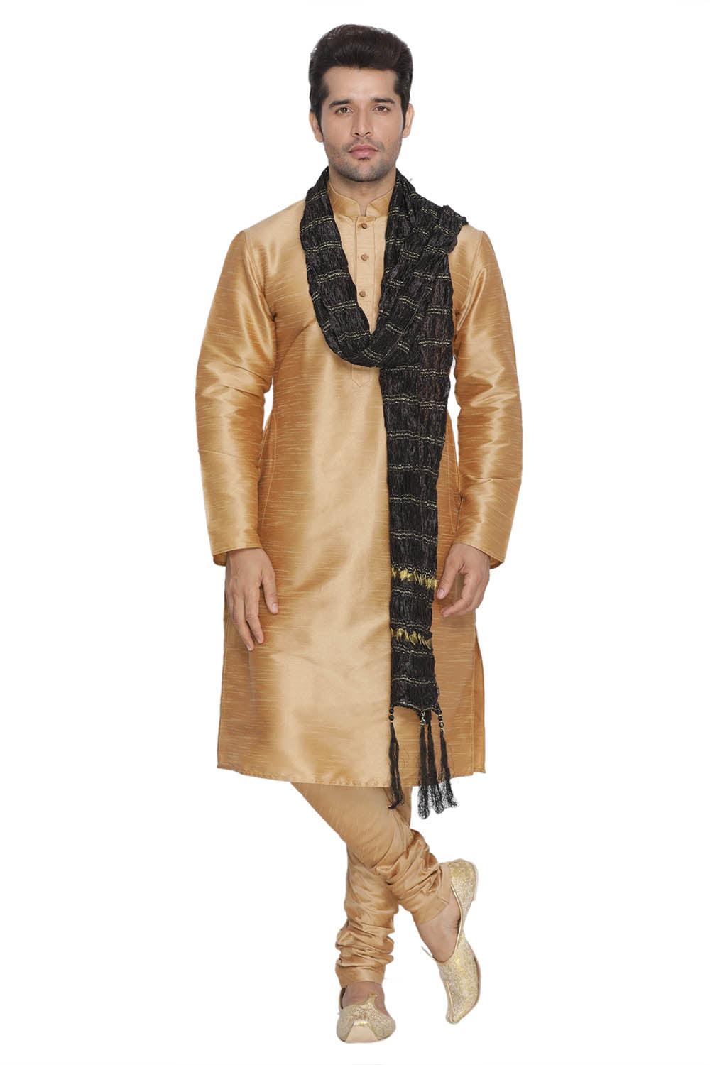 Men's Cotton Art Silk Kurta Set In Gold