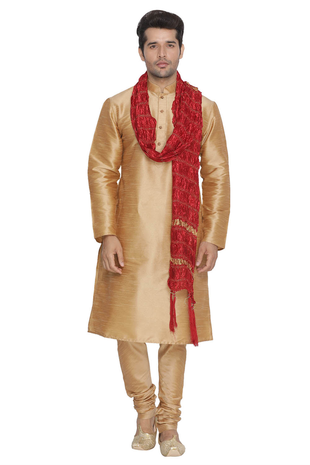 Men's Cotton Art Silk Kurta Set In Gold