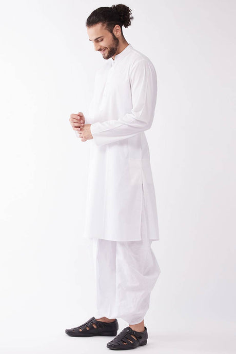 Buy Men's blended Cotton Solid Kurta Set in White - Front