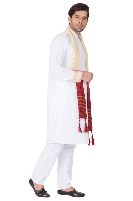 Men's Cotton Solid Kurta Pyjama and Dupatta Set in White