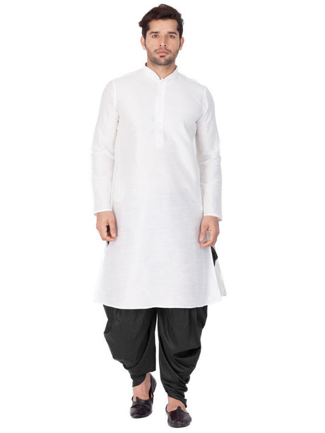 Men's Cotton Art Silk Solid Kurta and Cowl Dhoti Pant Set in White