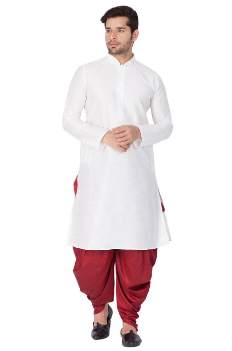 Men's Cotton Art Silk Solid Kurta and Cowl Dhoti Pant Set in White