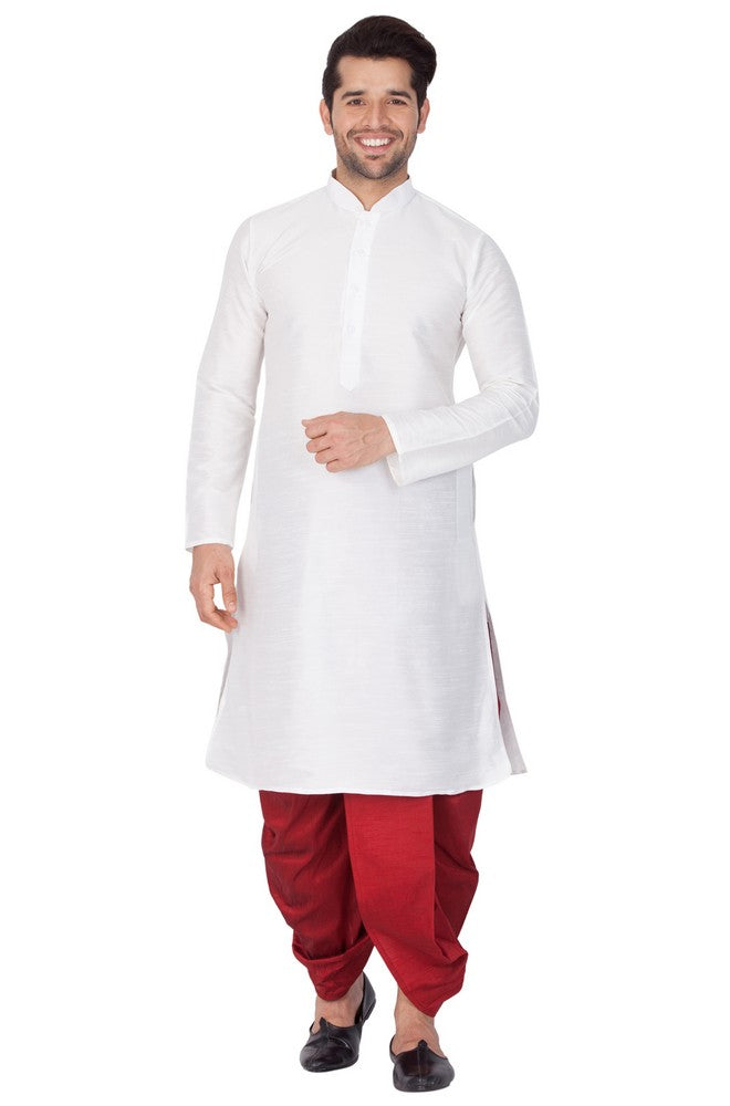 Men's Cotton Art Silk Solid Kurta And Dhoti Pant Set In White