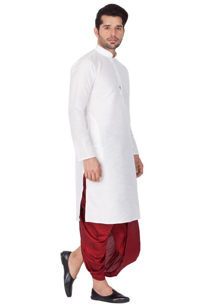 Men's Cotton Art Silk Solid Kurta And Dhoti Pant Set In White