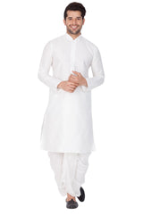 Men's Cotton Art Silk Solid Kurta And Dhoti Pant Set In White