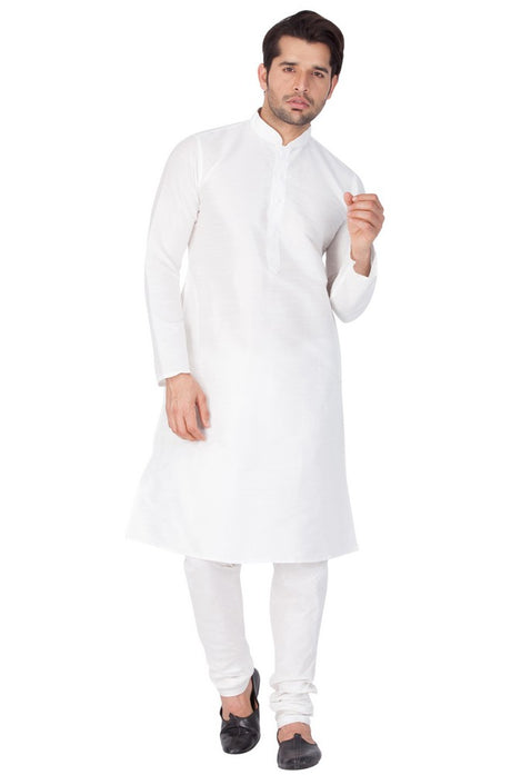 Men's Cotton Art Silk Solid Kurta and Pyjama Set in White