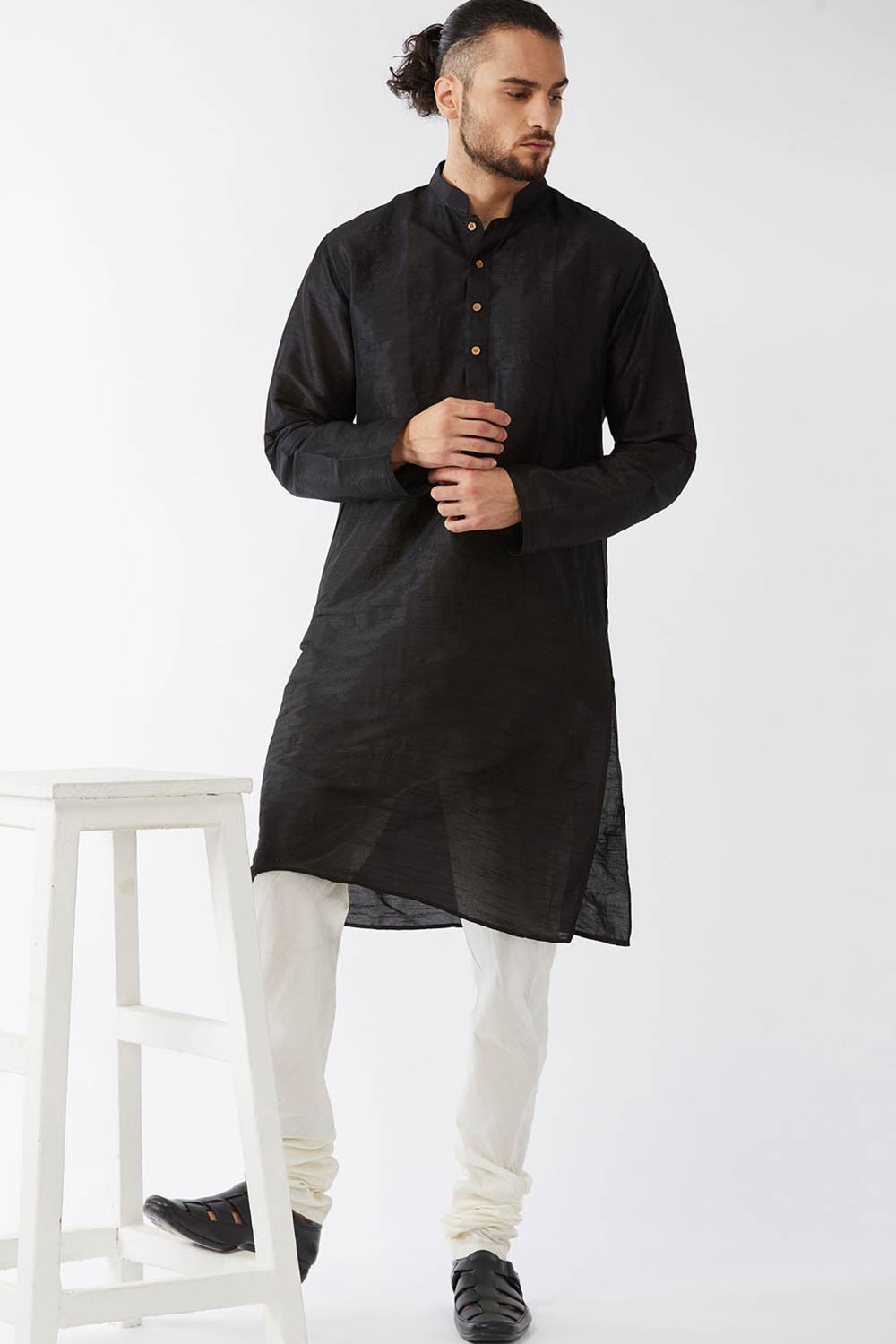 Buy Men's Cotton Silk Blend Solid Churidar in Cream - Zoom in