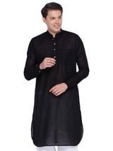 Men's Linen Solid Pathani Style Kurta In Black