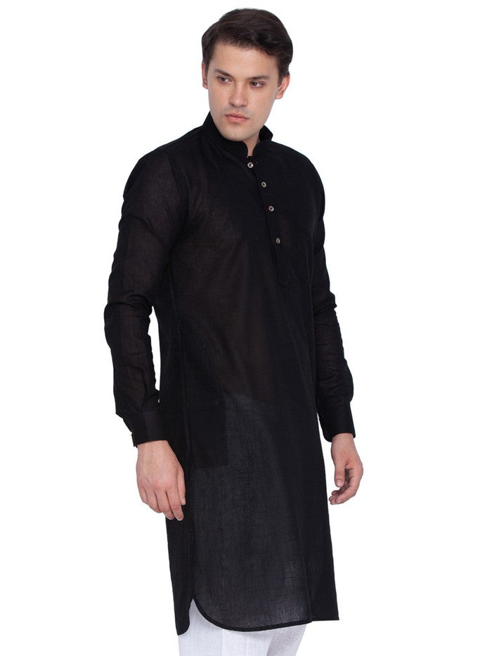 Men's Linen Solid Pathani Style Kurta In Black