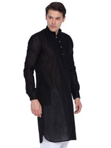 Men's Linen Solid Pathani Style Kurta In Black