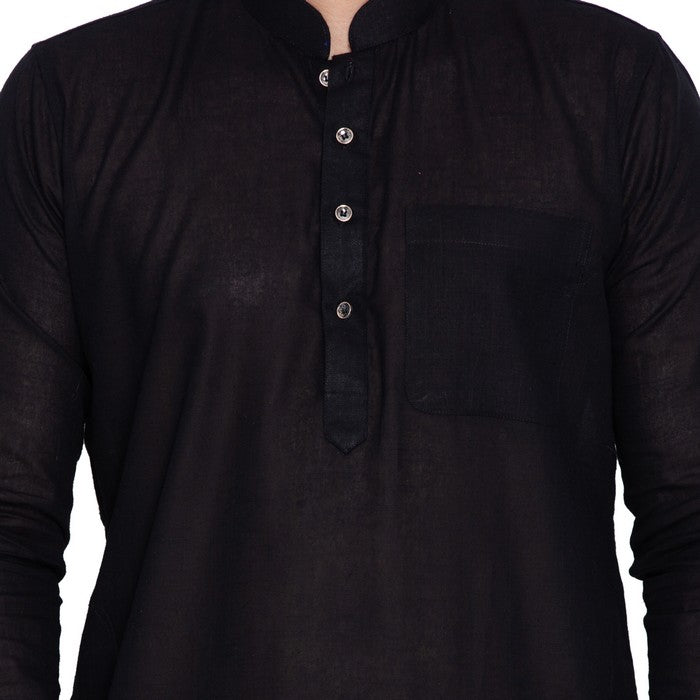 Men's Linen Solid Pathani Style Kurta In Black