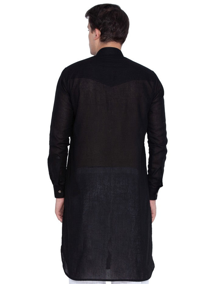 Men's Linen Solid Pathani Style Kurta In Black