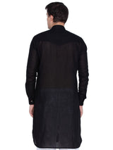 Men's Linen Solid Pathani Style Kurta In Black