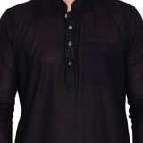 Men's Linen Solid Pathani Suit Set in Black