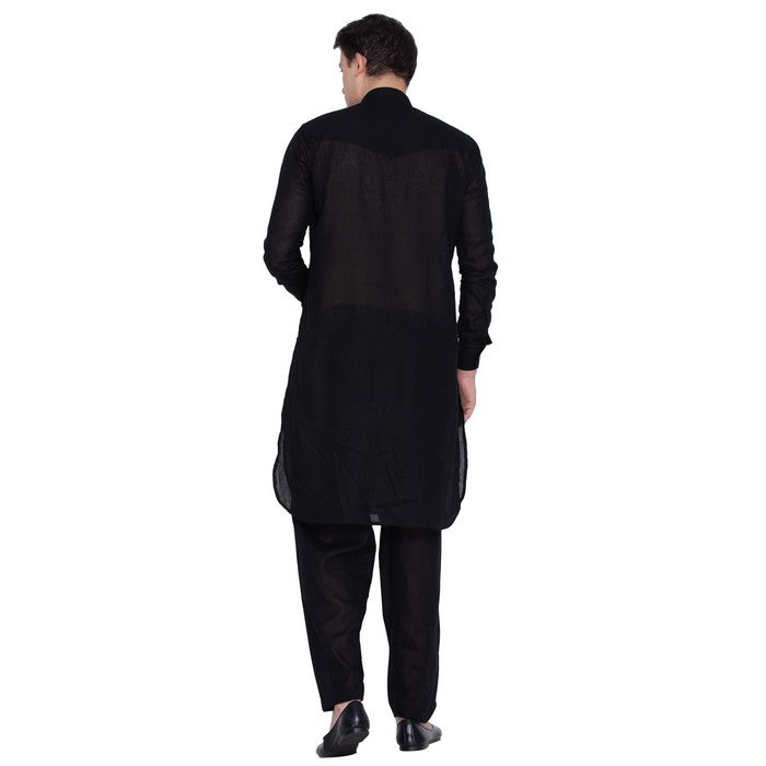 Men's Linen Solid Pathani Suit Set in Black