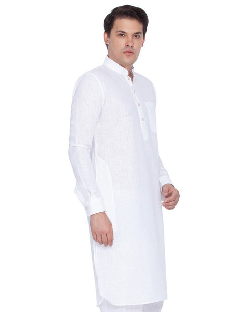 Men's Linen Solid Pathani Style Kurta in White