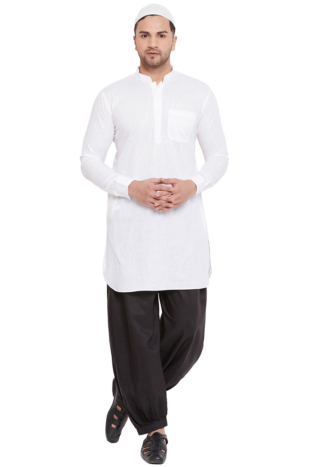 Buy Men's Cotton Linen Blend Solid Pathani Kurta Set in White