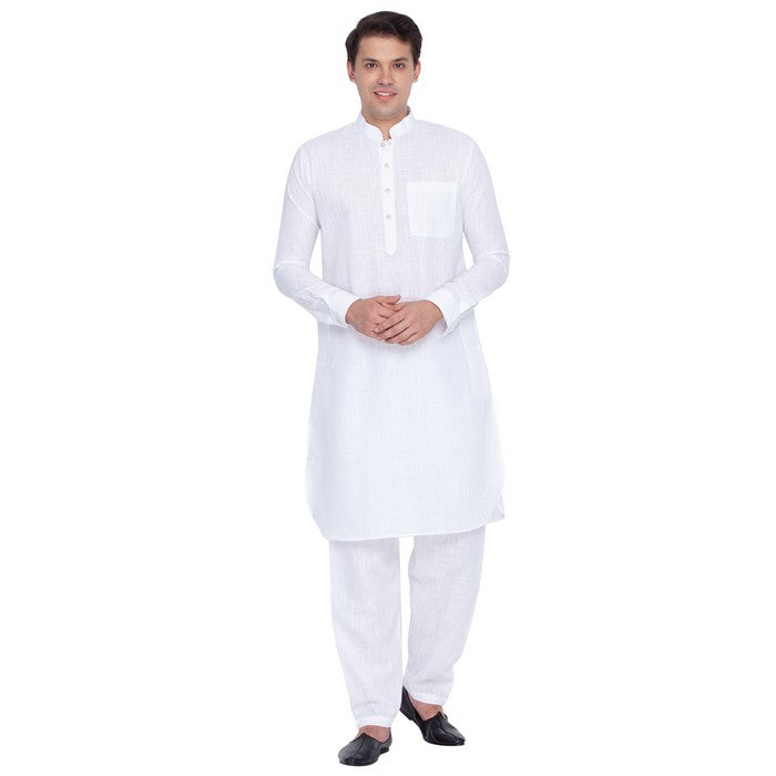 Men's Linen Solid Pathani Suit Set in White