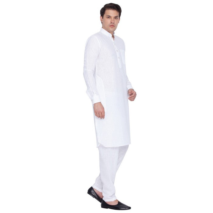 Men's Linen Solid Pathani Suit Set in White