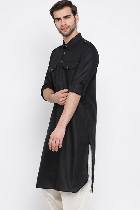 Black Blended Cotton Pathani Kurta for Men's