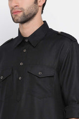 Long Solid Pathani Kurta in Black