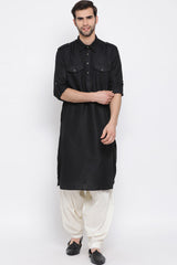 Buy Men's Blended Cotton Solid Pathani Kurta Set in Black
