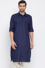 Buy Blended Cotton Solid Pathani Kurta in Blue