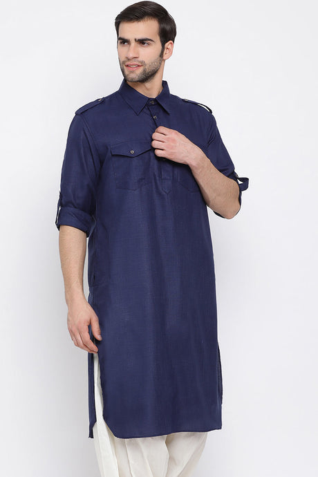 Blue Blended Cotton Pathani Kurta for Men's