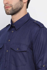 Long Solid Pathani Kurta in Blue