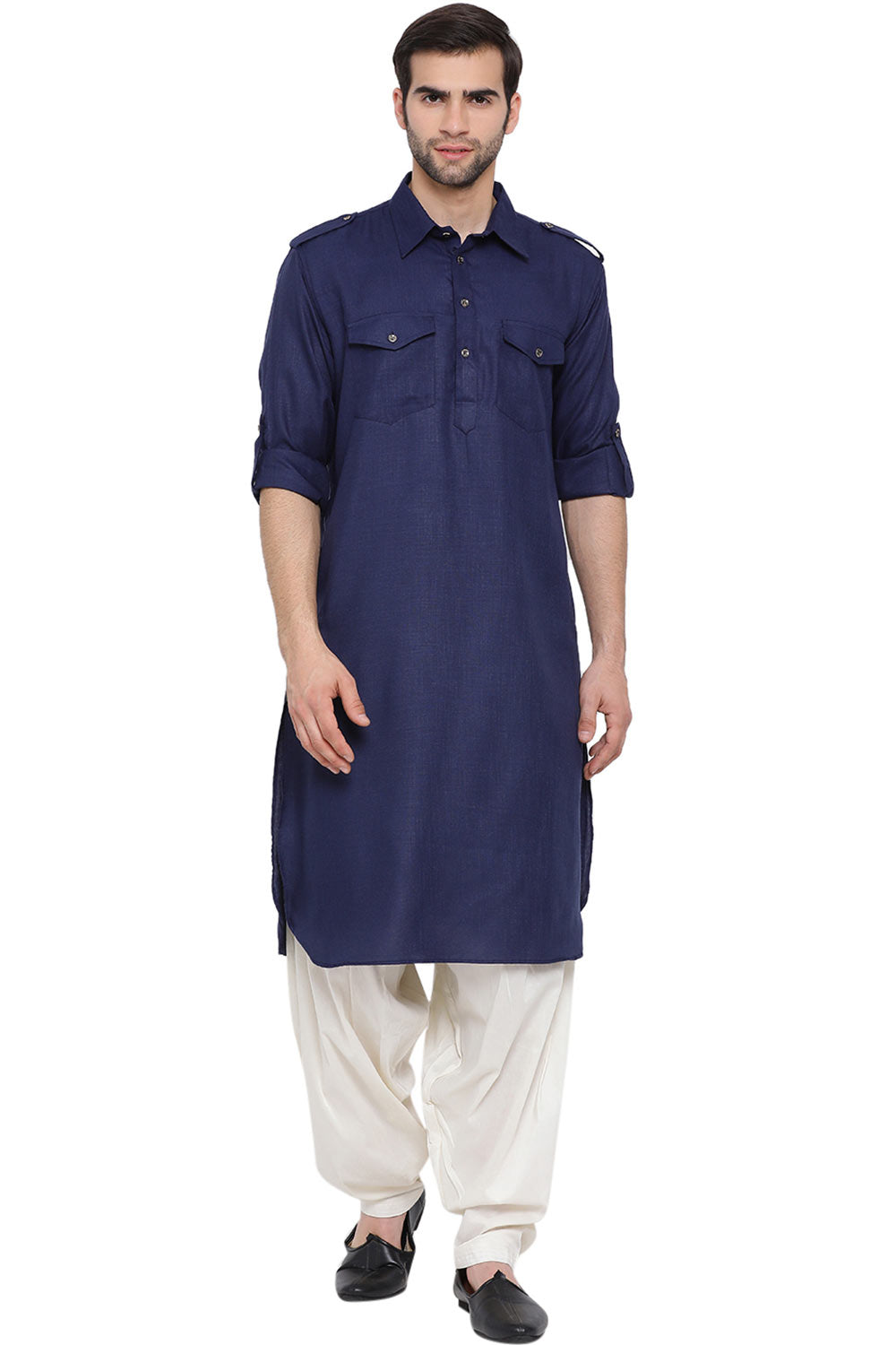 Buy Men's Blended Cotton Solid Pathani Kurta Set in Blue