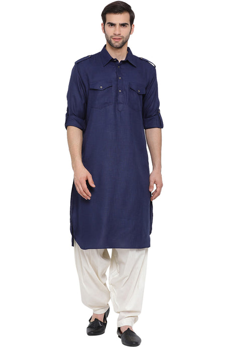 Buy Men's Blended Cotton Solid Pathani Kurta Set in Blue