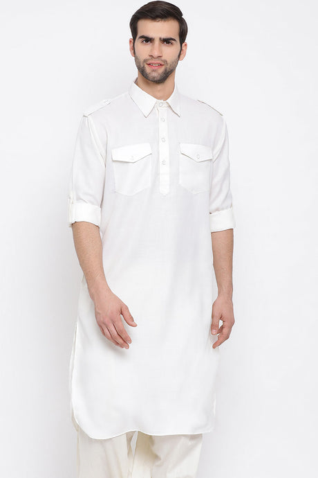 Buy Blended Cotton Solid Pathani Kurta in White