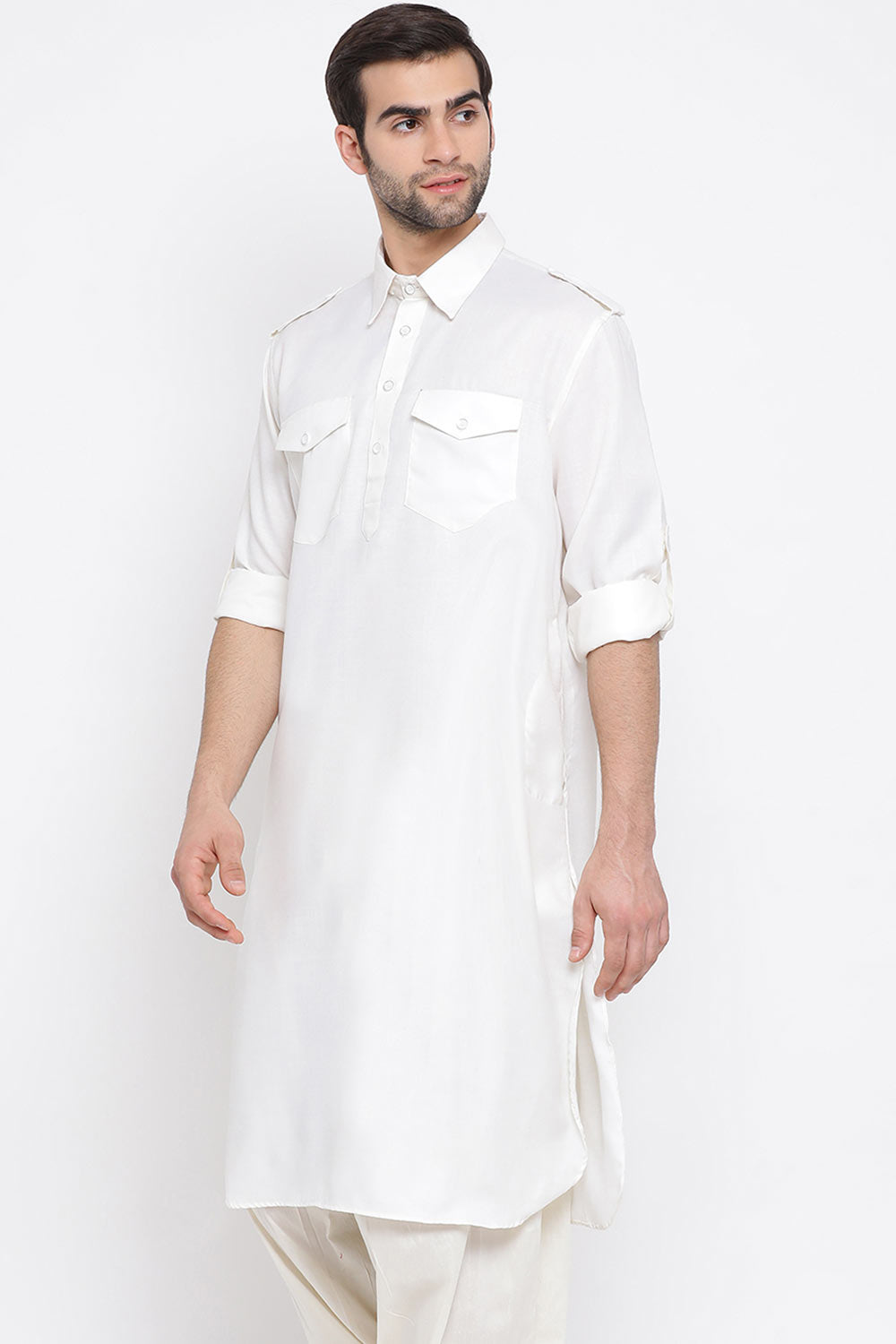 White Blended Cotton Pathani Kurta for Men's