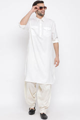 Solid Festive Cotton White Pathani Kurta