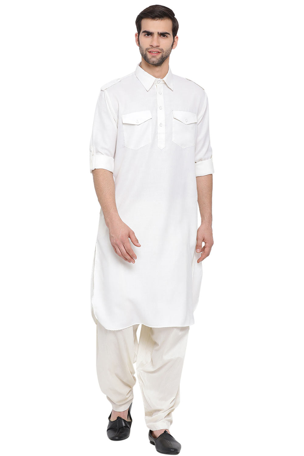 Buy Men's Blended Cotton Solid Pathani Kurta Set in White