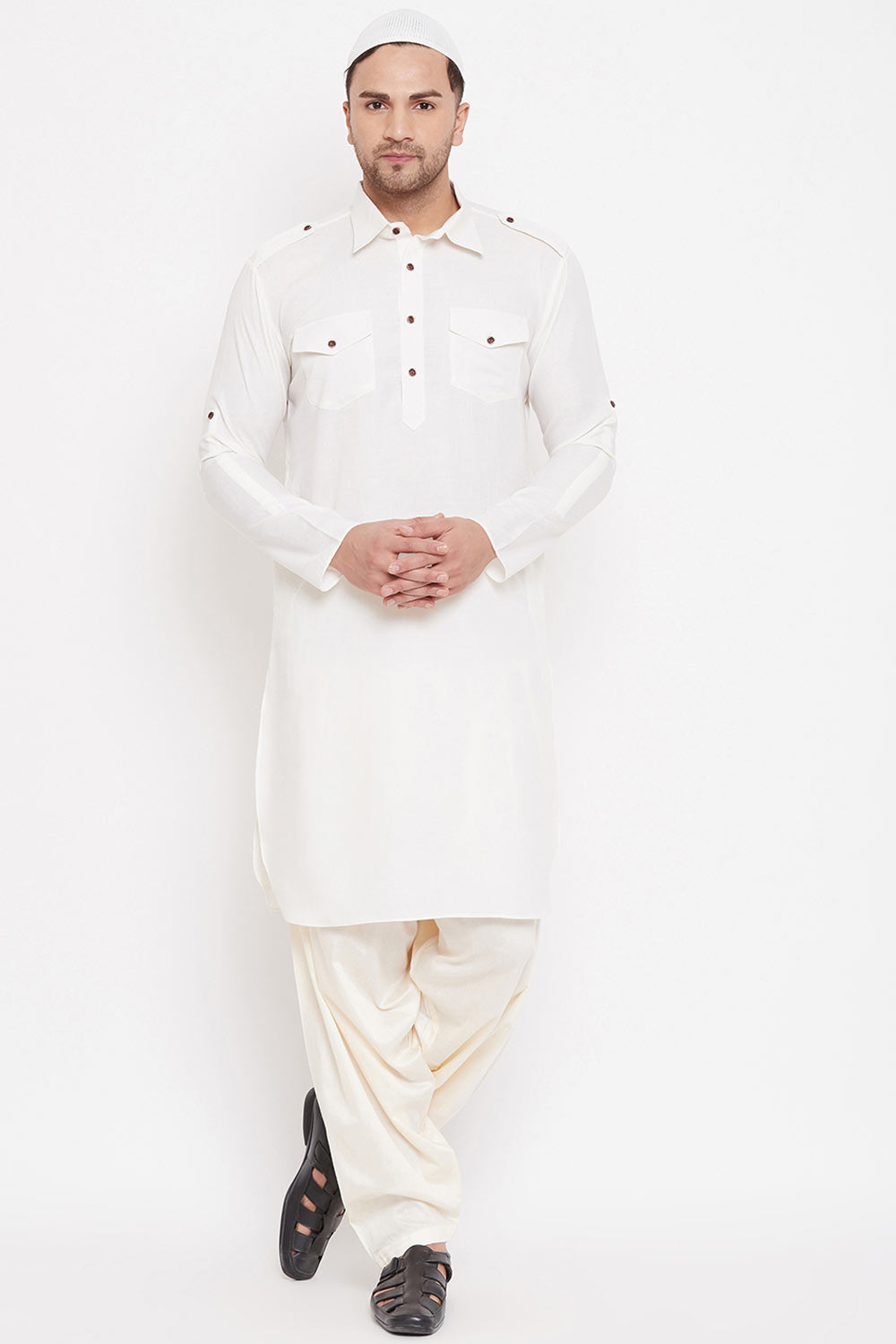 Shop Cream Solid Pathani Kurta Set