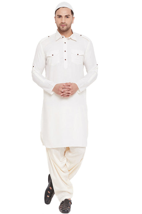 Buy Men's Blended Cotton Solid Pathani Kurta Set in Cream