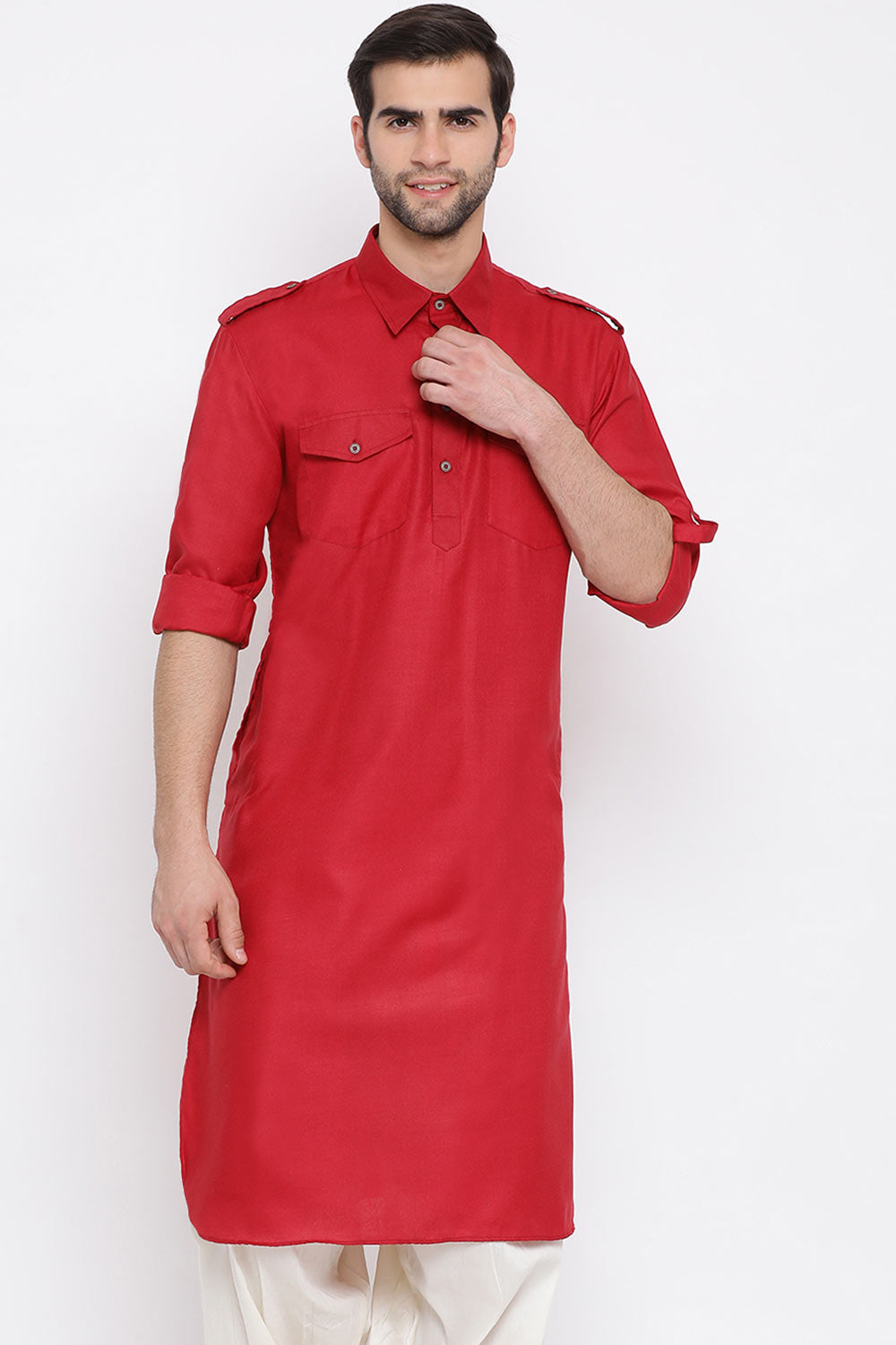 Buy Blended Cotton Solid Pathani Kurta in Red