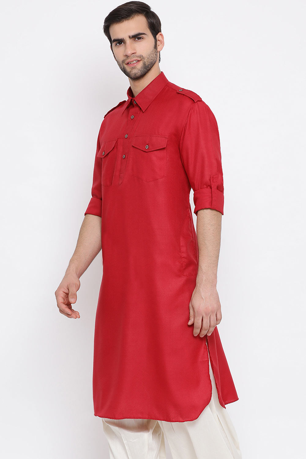 Red Blended Cotton Pathani Kurta for Men's