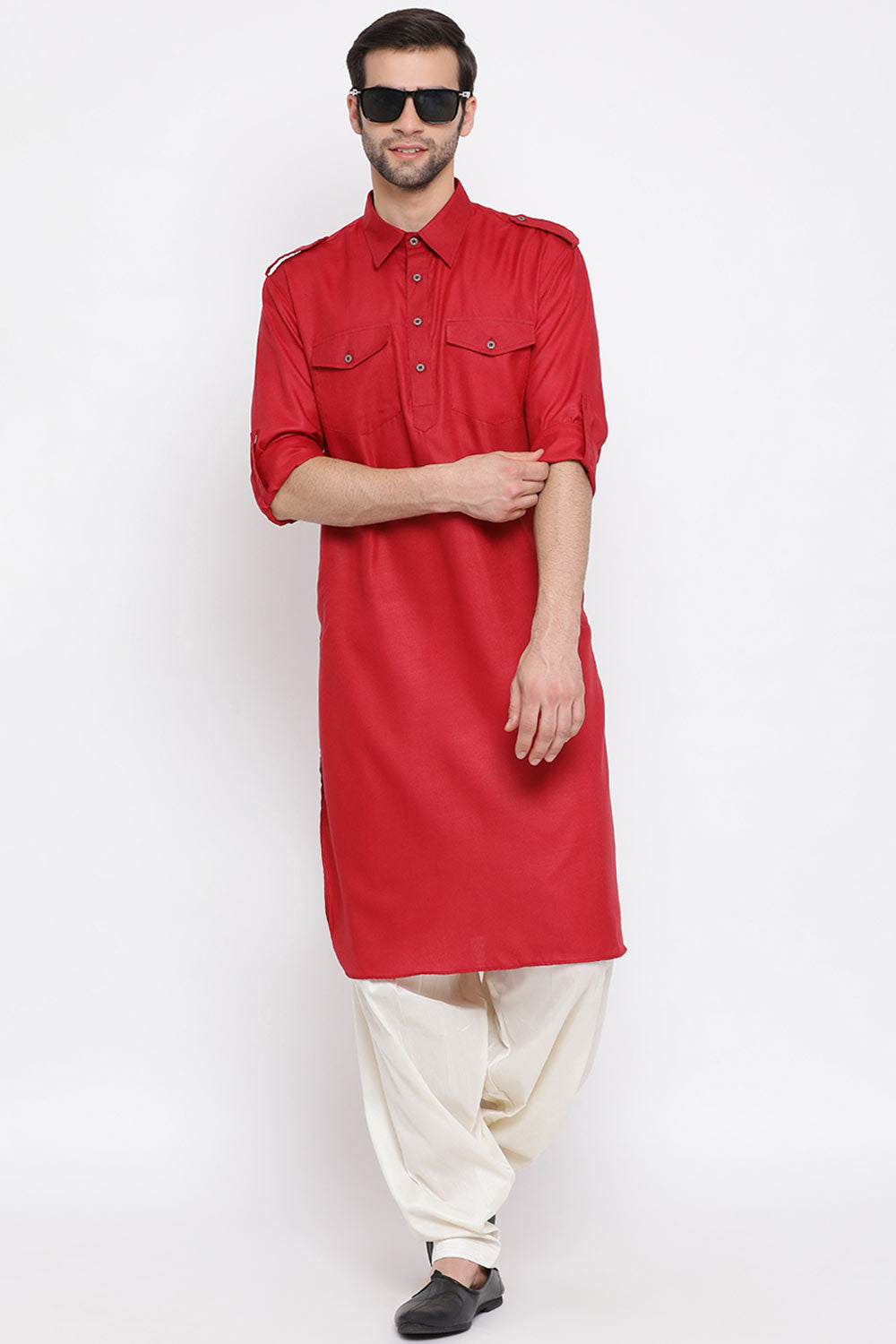 Designer Festive Cotton Red Pathani Kurta