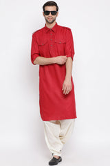 Designer Festive Cotton Red Pathani Kurta