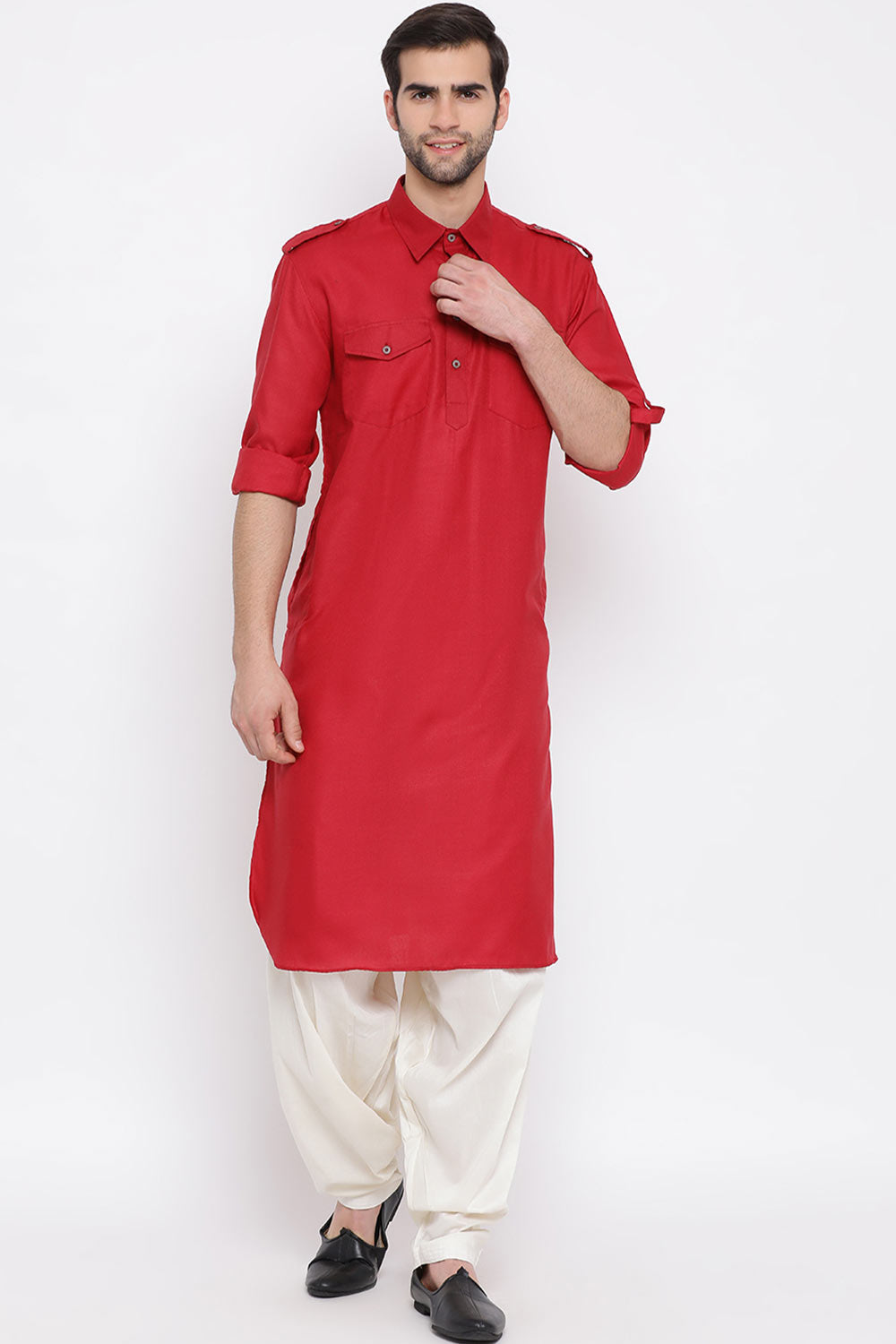 Shop Red Solid Pathani Kurta Set