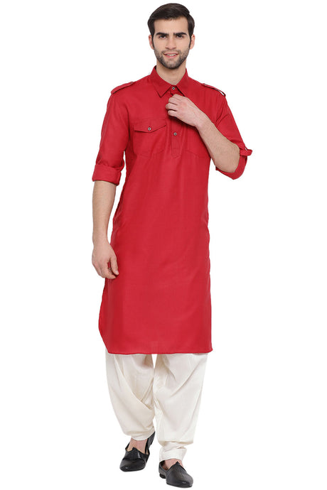 Buy Men's Blended Cotton Solid Pathani Kurta Set in Red