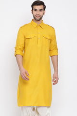 Buy Blended Cotton Solid Pathani Kurta in Mustard