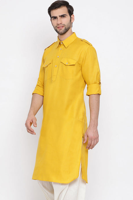 Mustard Blended Cotton Pathani Kurta for Men's