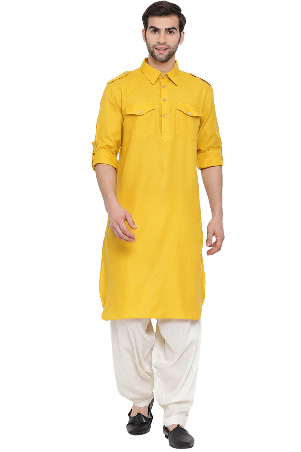 Buy Men's Blended Cotton Solid Pathani Kurta Set in Mustard