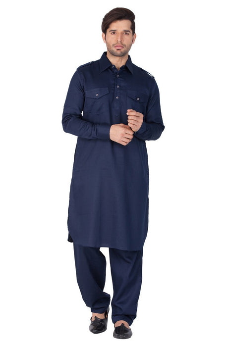 Men's Cotton Solid Pathani Suit Set in Blue