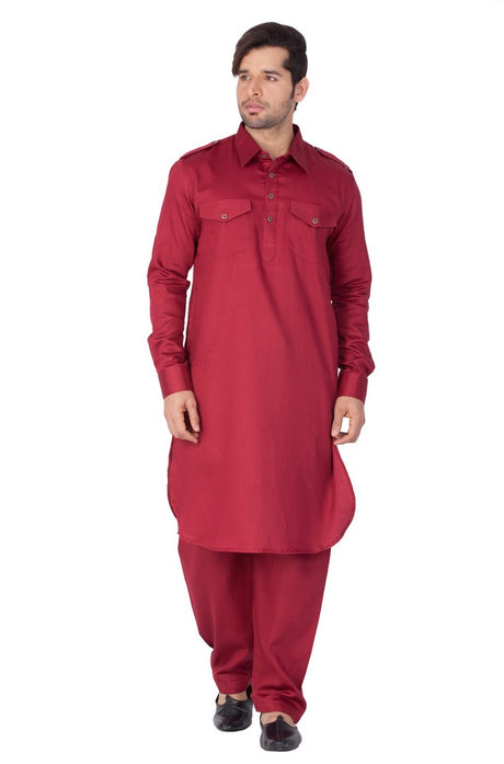 Men's Cotton Solid Pathani Suit Set in Maroon