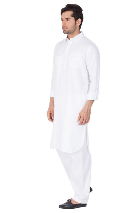 Men's Cotton Solid Pathani Suit Set in White